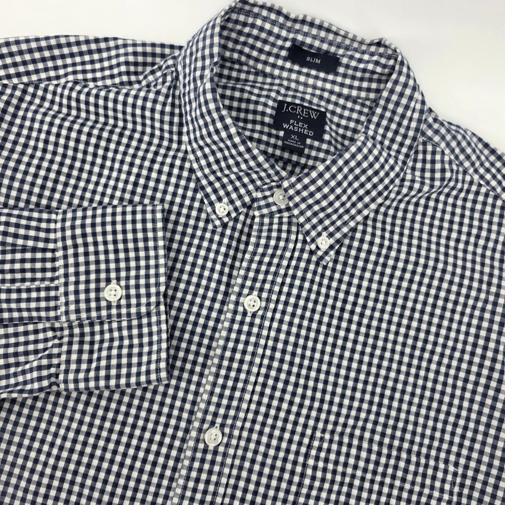 J.Crew Flex Washed Mens XL Slim Fit Gingham Button Down Shirt Navy Long Slv